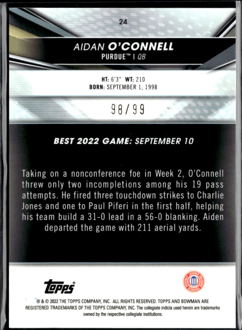 Aidan O'Connell 2022 Bowman University Green RC /99 Purdue Raiders