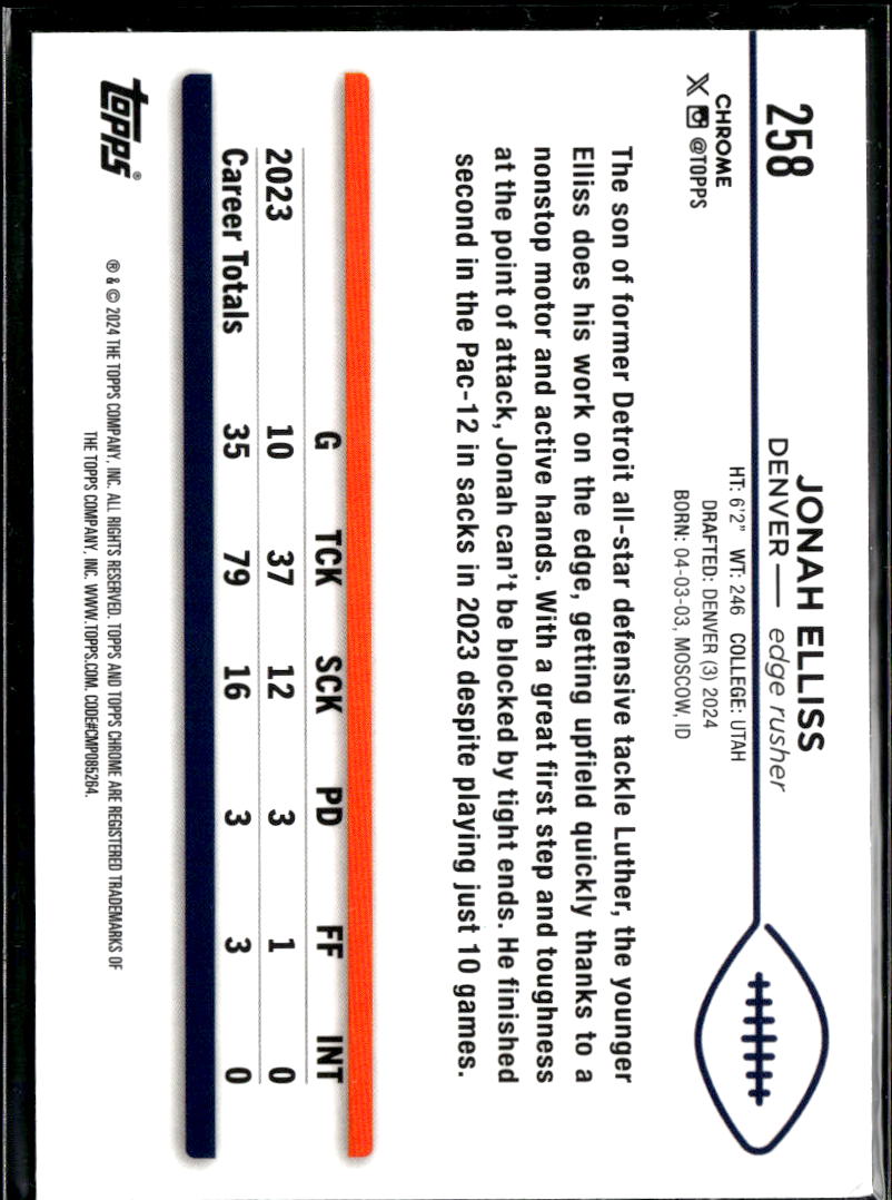 Jonah Elliss 2024 Topps Chrome RC Blue Sapphire Refractor Denver Broncos