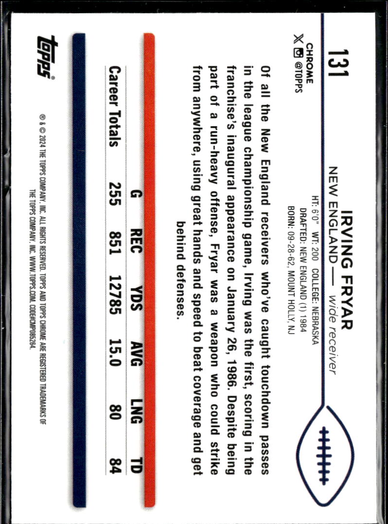 Irving Fryar 2024 Topps Chrome Blue Sapphire Refractor New England Patriots