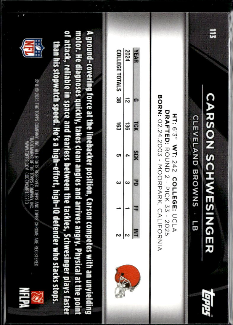 Carson Schwesinger 2025 Topps Chrome Black RC Cleveland Browns