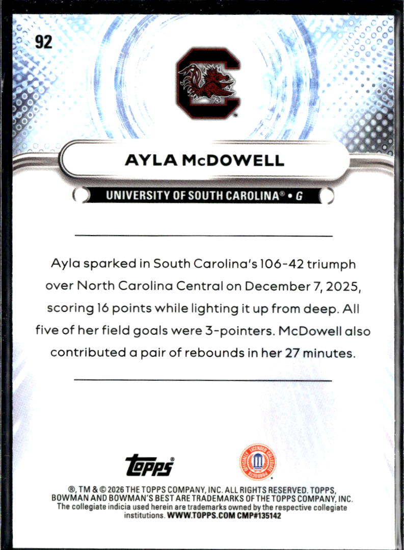 Ayla McDowell 2026 Bowman's Best Purple Refractor /250 South Carolina Gamecocks