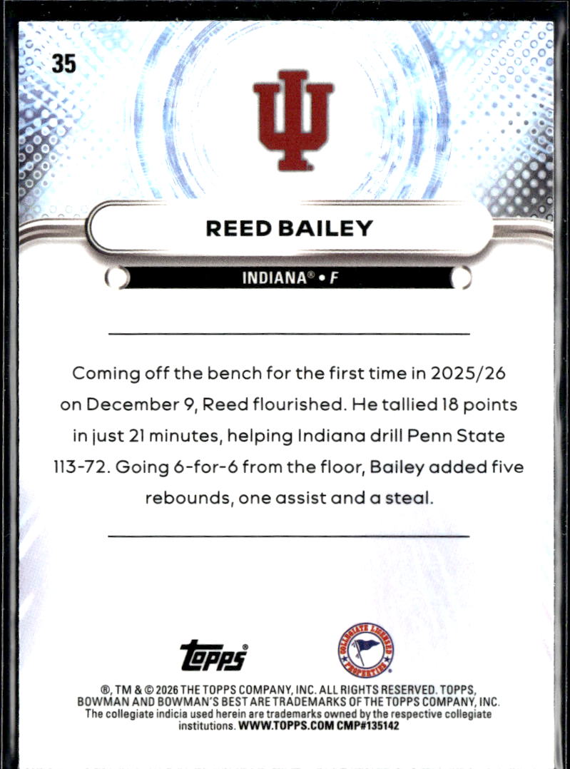 Reed Bailey 2026 Bowman's Best Green Refractor /99 Indiana Hoosiers