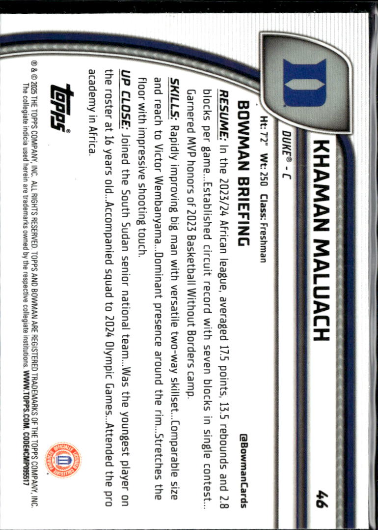 Khaman Maluach 2025 Bowman Chrome /299 Teal Shimmer Suns Duke Blue Devils