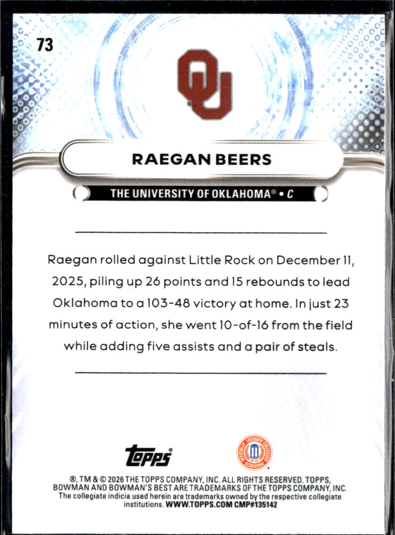 Raegan Beers 2026 Bowman's Best Best Blue Refractor /150 Oklahoma Sooners