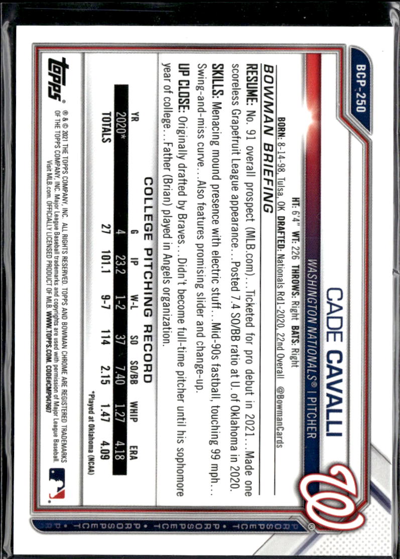 Cade Cavalli 2021 Bowman Chrome Speckle Refractor /299 Sooners Nationals