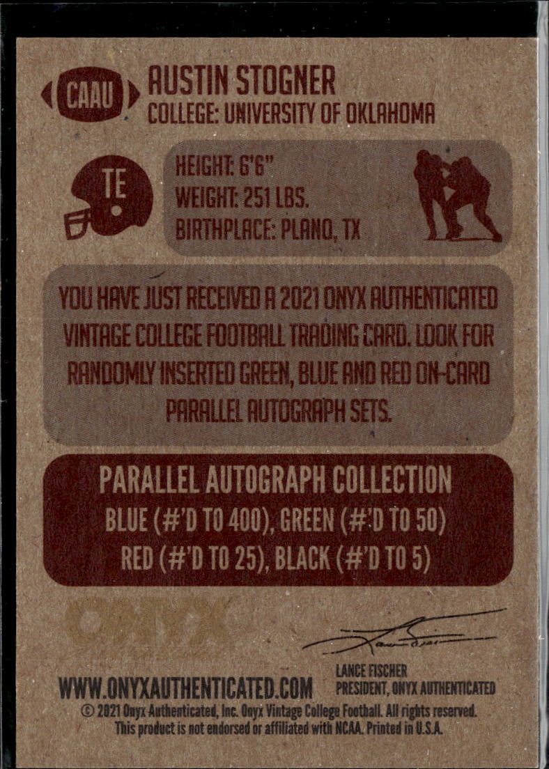 Austin Stogner 2021 Onyx Vintage Red Ink Auto Autograph Oklahoma Sooners