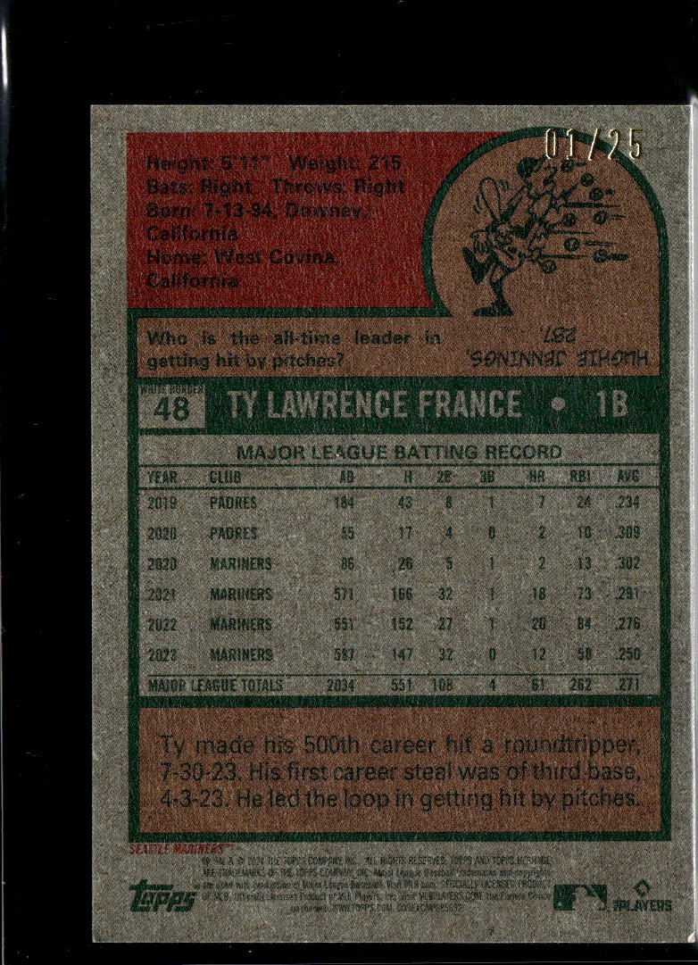 Ty France 2024 Topps Heritage Blue Mini 1/25 Seattle Mariners