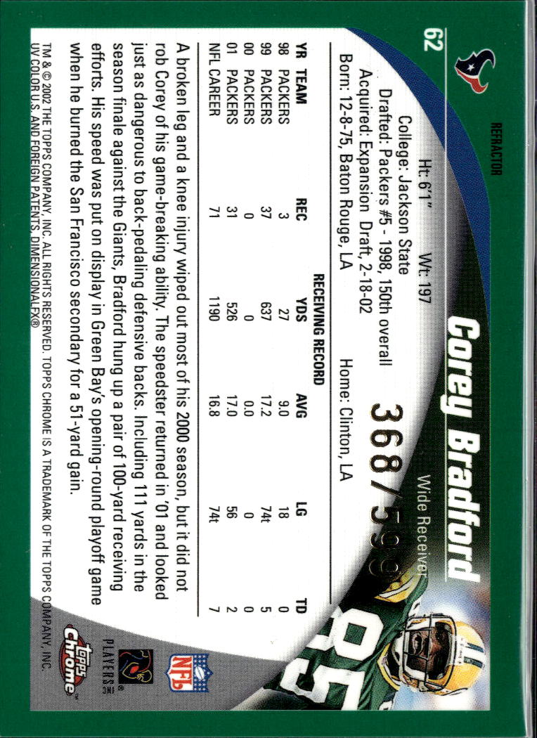 Corey Bradford 2002 Topps Chrome Black Refractor /599 Texans Green Bay Packers