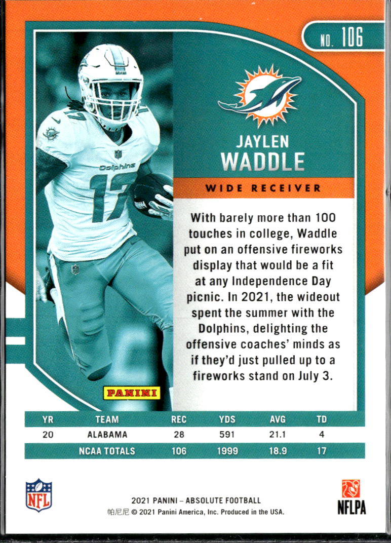 Jaylen Waddle 2021 Absolute RC Red Rookie 148/499 Miami Dolphins