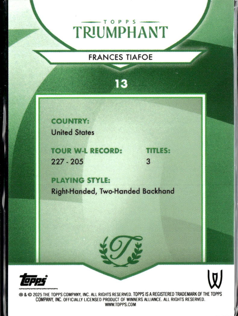 Frances Tiafoe 2025 Topps Triumphant Tennis Card 6/99
