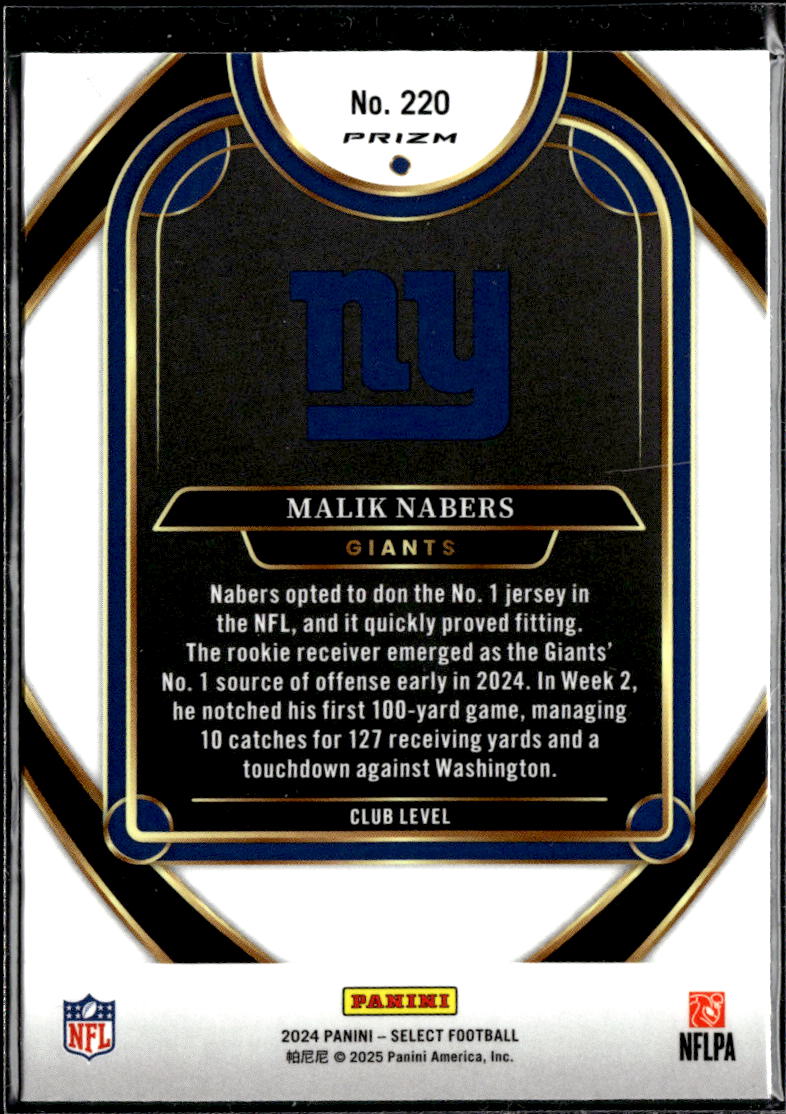 Malik Nabers 2024 Select Club Level Red White Blue Prizm RC New York Giants