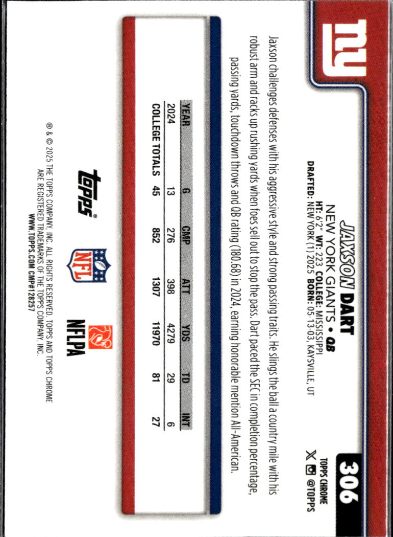 Jaxson Dart 2025 Topps Chrome Rookie RC New York Giants