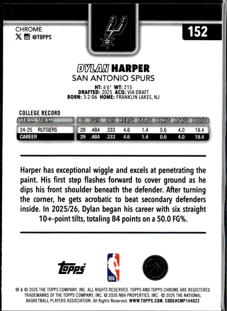 Dylan Harper 2026 Topps Chrome Uodate Rookie RC San Antonio Spurs
