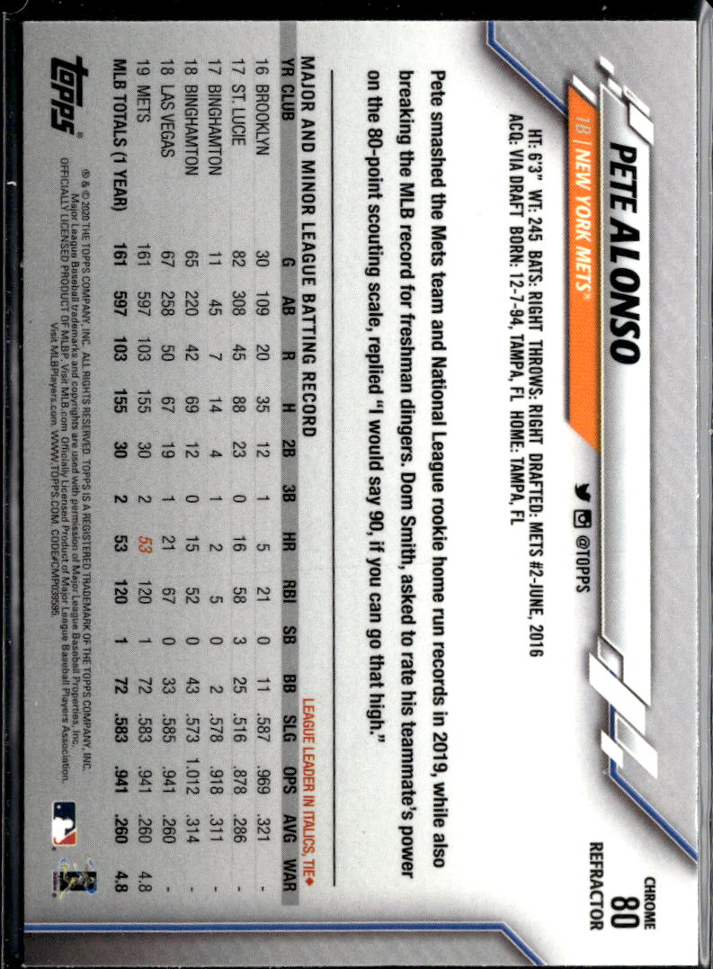 Pete Alonso 2020 Topps Chrome 2nd Year Refractor New York Mets