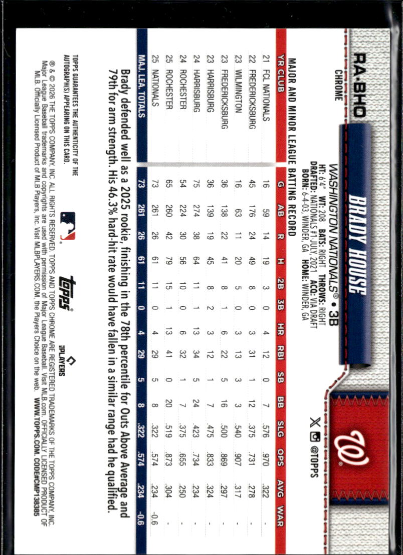 Brady House 2026 Topps Chrome Auto Autograph Rookie Washington Nationals