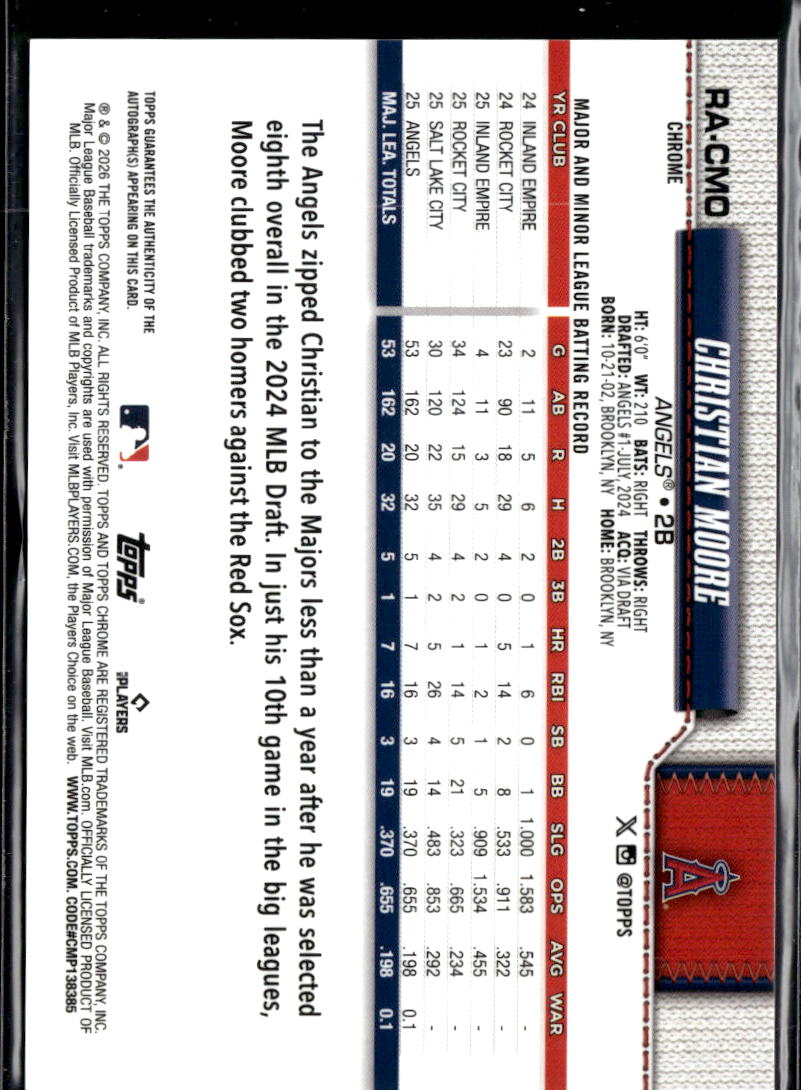 Christian Moore 2026 Topps Chrome Auto Autograph RC Los Angeles Angels