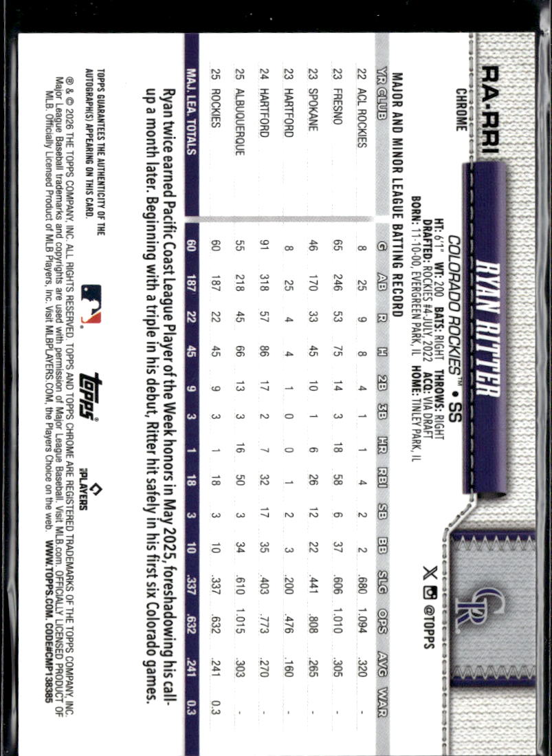 Ryan Ritter 2026 Topps Chrome Auto Autograph Rookie Colorado Rockies