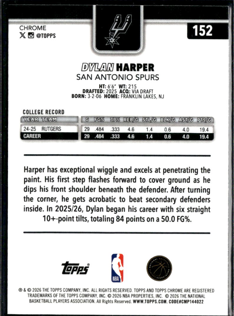 Dylan Harper 2025-26 Topps Chrome Update Rookie RC San Antonio Spurs