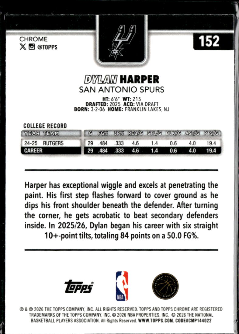Dylan Harper 2025-26 Topps Chrome Update Rookie RC San Antonio Spurs