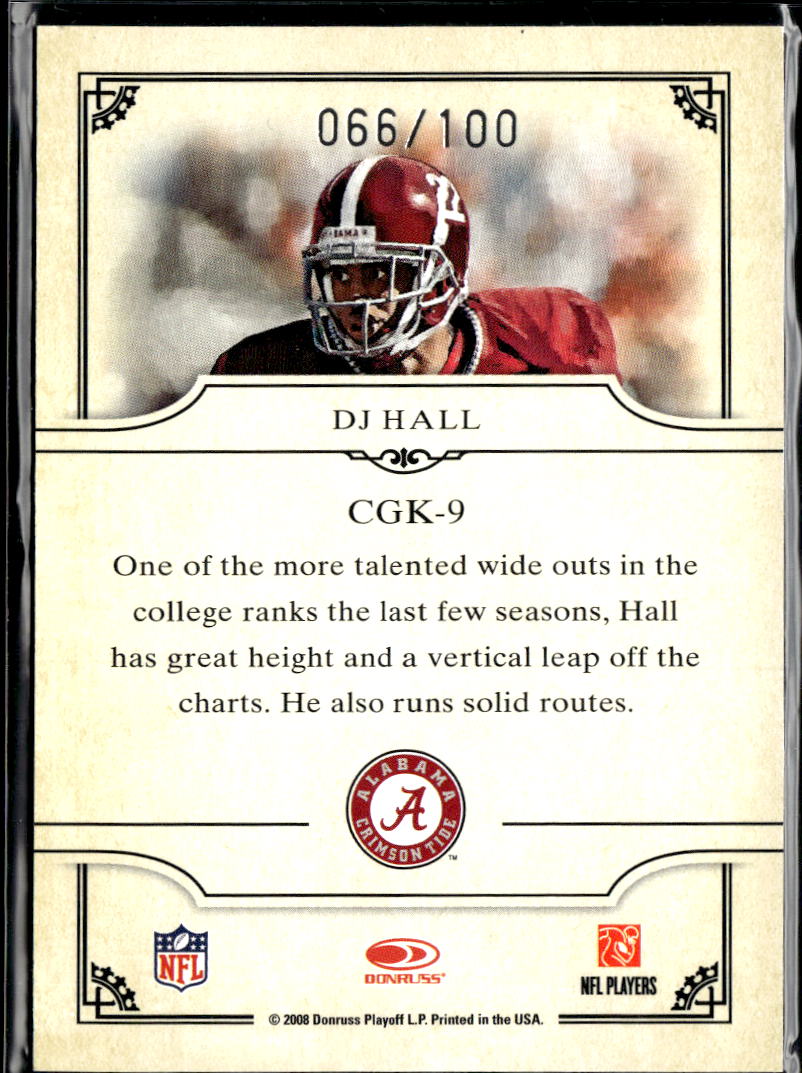 DJ Hall 2008 Donruss Threads Gridiron Kings RC /100 Alabama Crimson Tide