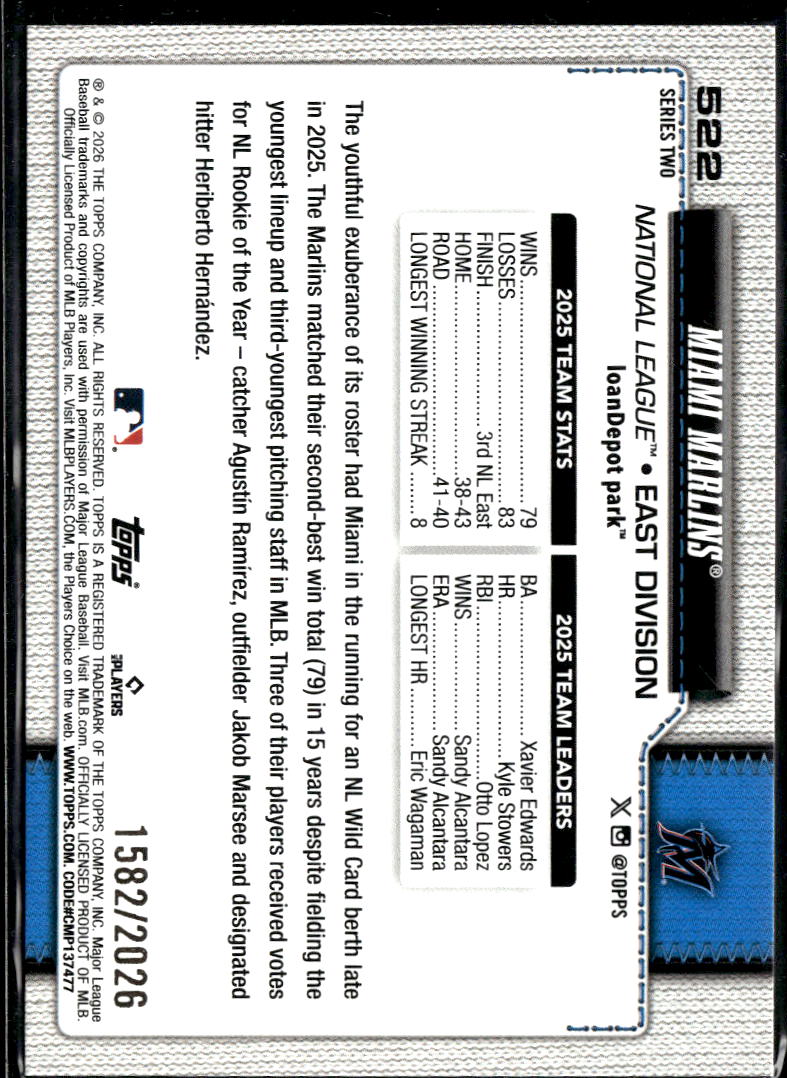 Miami Marlins 2026 Topps Team Card GOLD Border 1582/2026