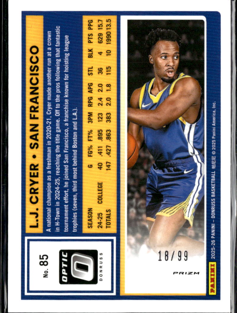 L.J. Cryer 2025 Optic Rated Rookie Bronze RC 18/99 San Francisco Dons