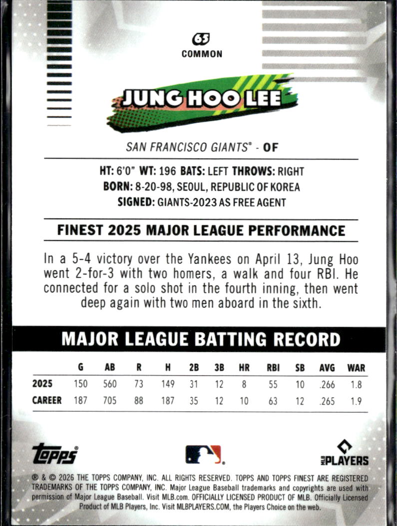 Jung Hoo Lee 2026 Topps Finest Aqua /199 San Francisco Giants