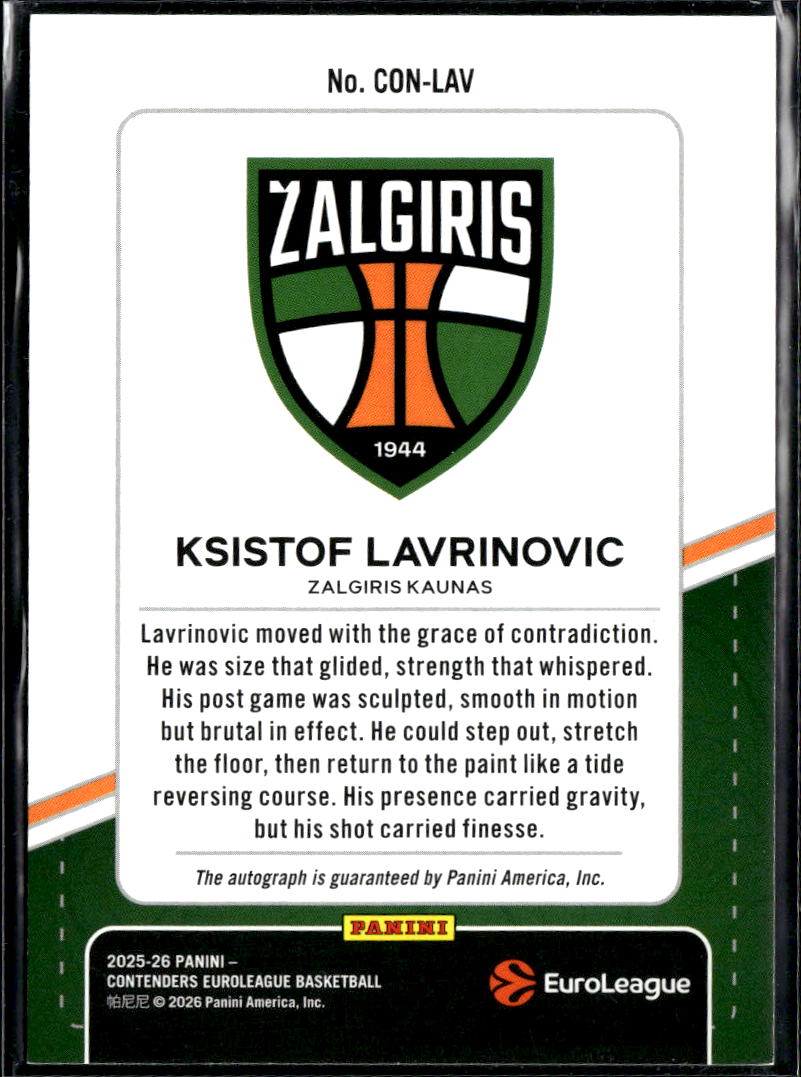 Ksistof Lavrinovic 2026 Contenders EuroLeague Auto Autograph /99 Zalgiris Kaunas
