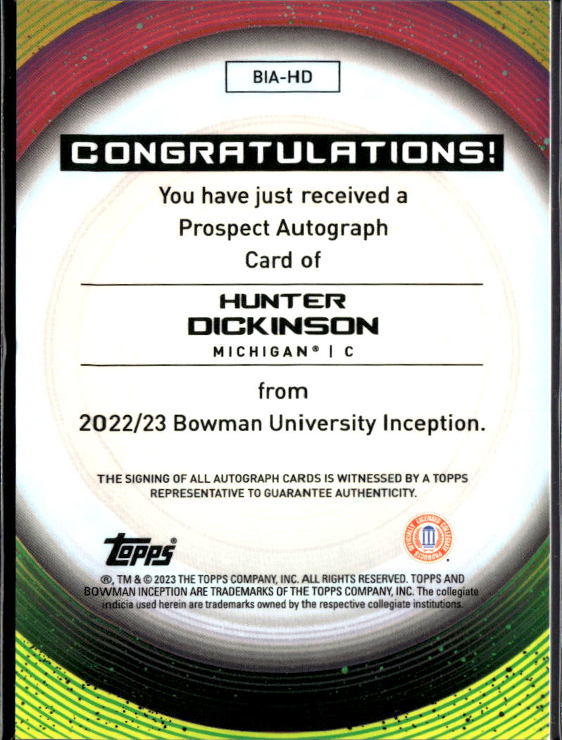 Hunter Dickinson 2023 Bowman Inception Auto Autograph RC Michigan Wolverines