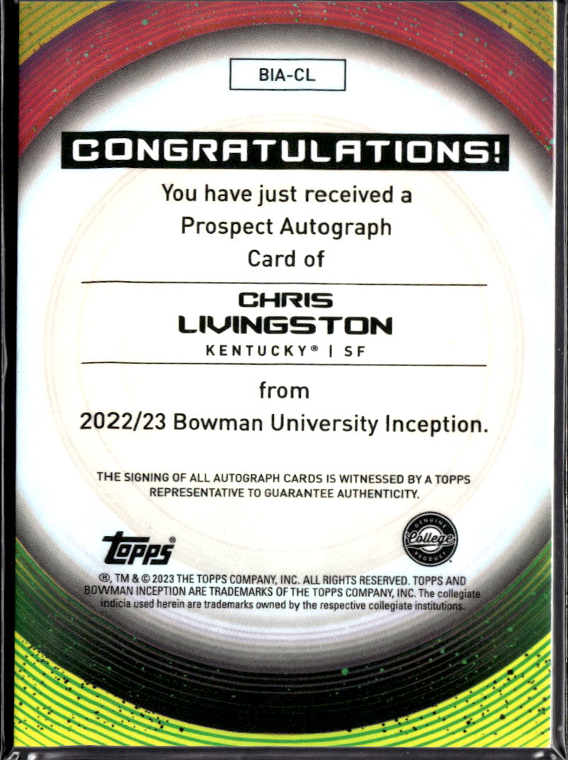Chris Livingston 2023 Bowman Inception Auto Autograph Kentucky Wildcats /75