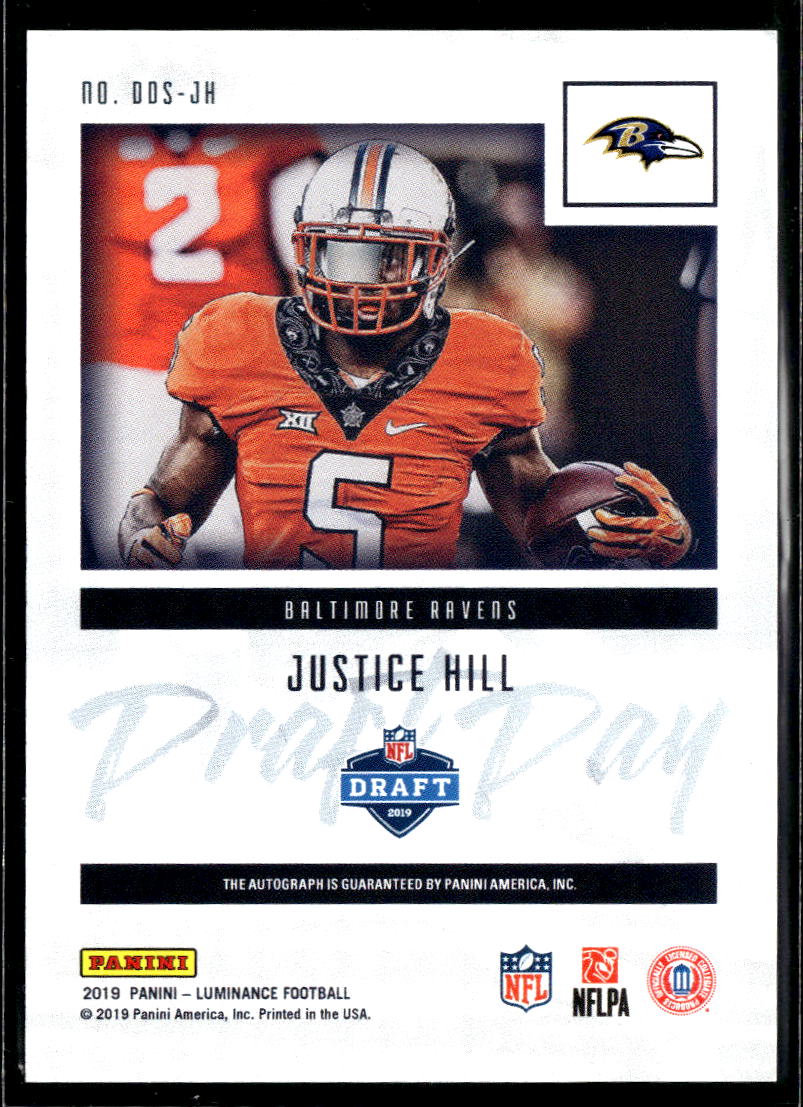 Justice Hill 2019 Luminance Draft Day Auto Autograph RC OSU Ravens