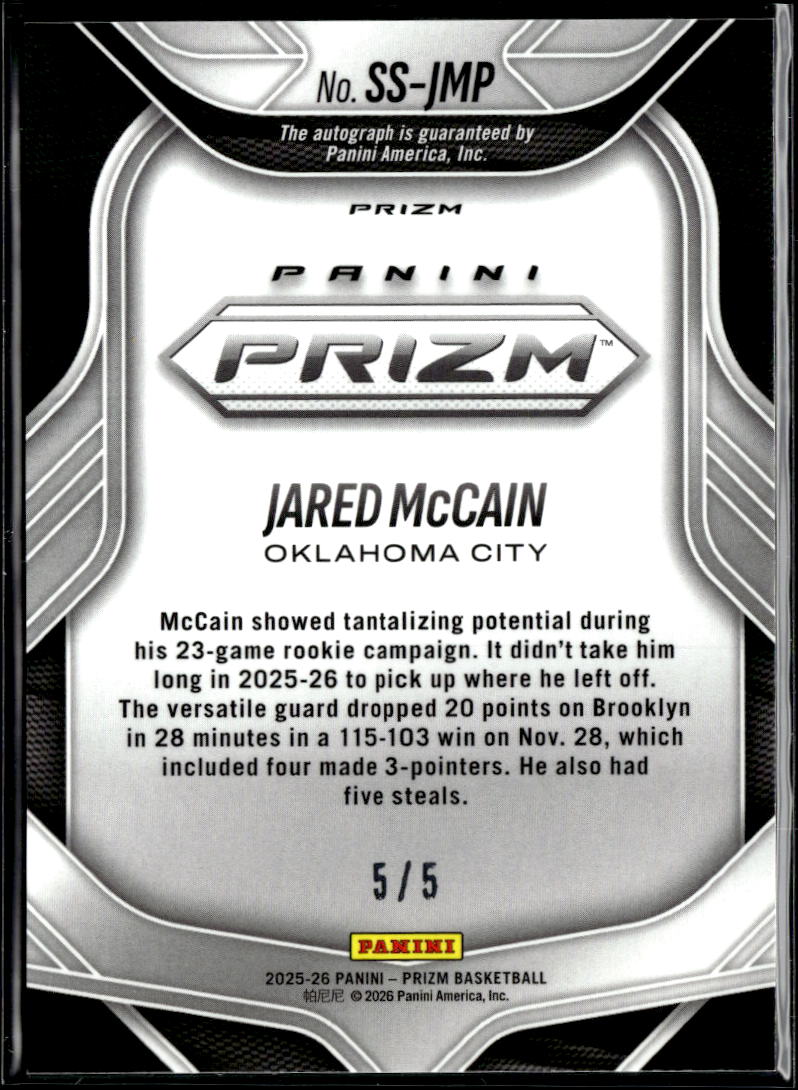Jared McCain 2025-26 Prizm GOLD VINYL Auto Autograph 5/5 Oklahoma City Thunder