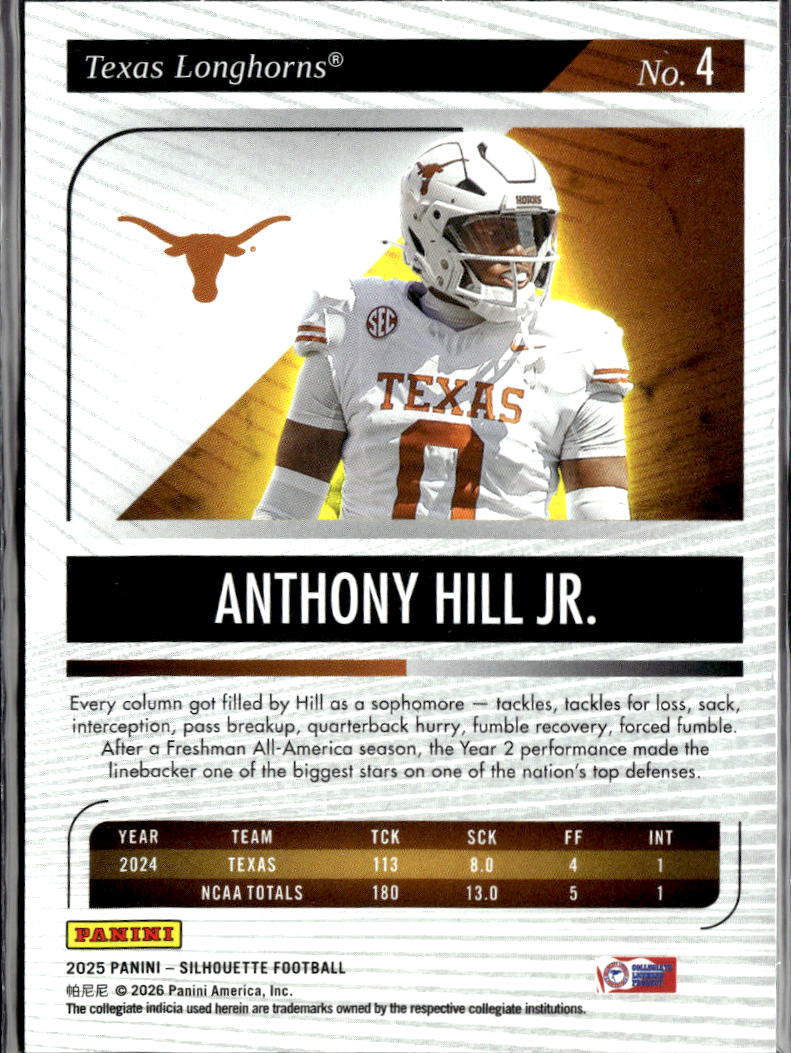 Anthony Hill Jr. 2025 Silhouette Platinum Rookie RC 1/1 Texas Longhorns