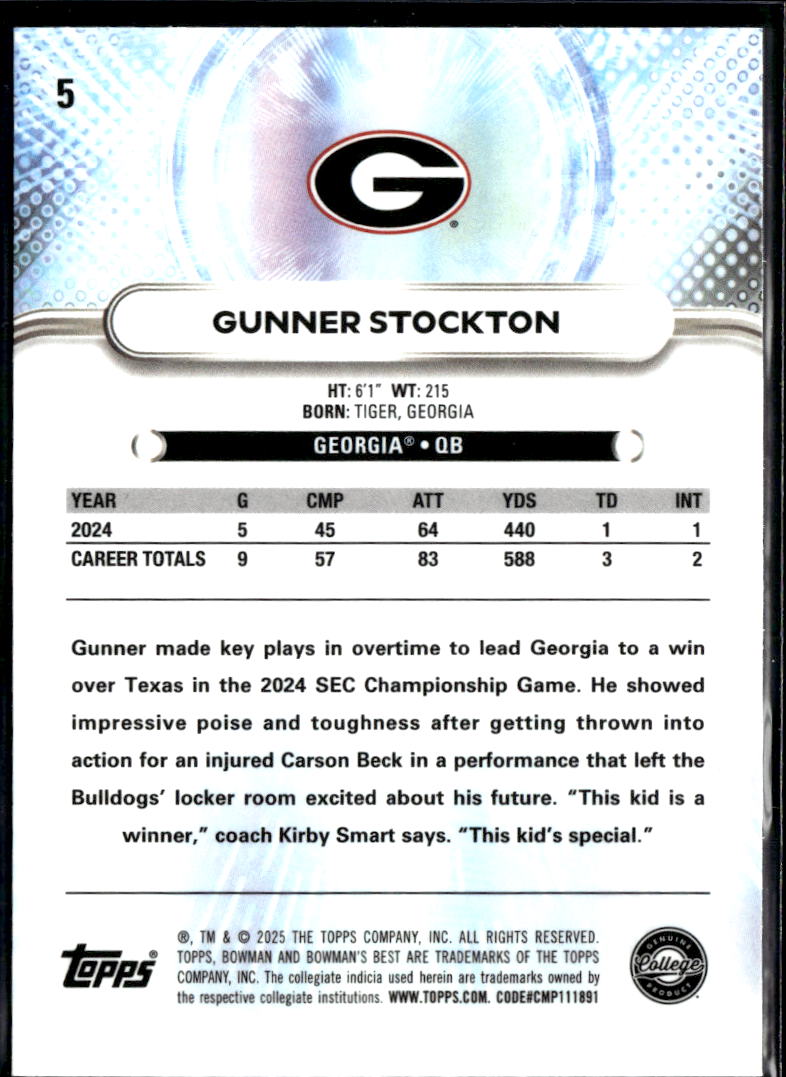 Gunner Stockton 2025 Bowman's Best Blue Refractor RC 21/150 Georgia Bulldogs