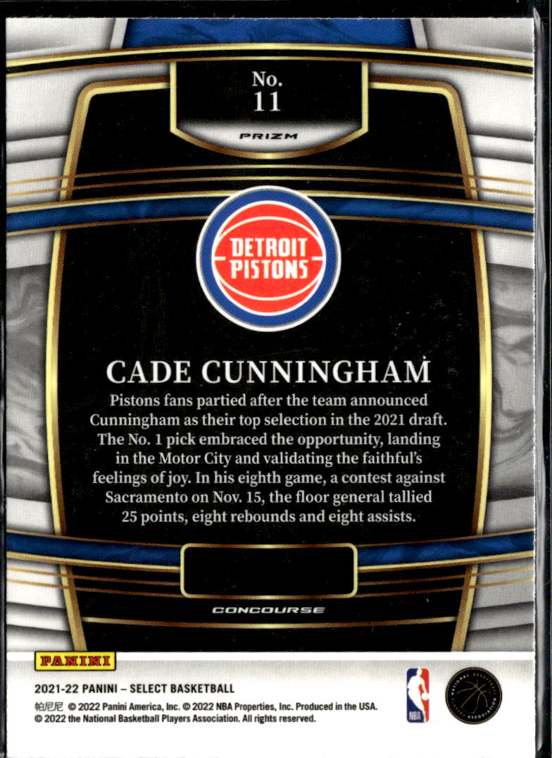 Cade Cunningham 20221-22 Select Tricolor Prizm Rookie RC Detroit Pistons