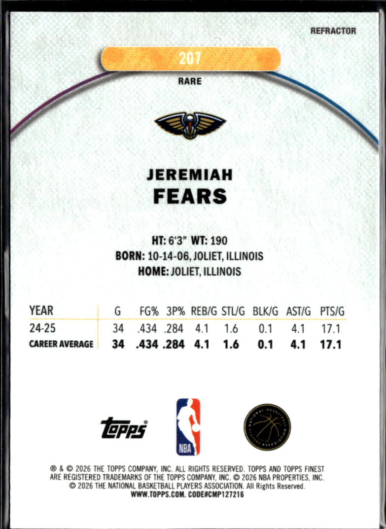 Jeremiah Fears 2026 Topps Finest RARE RC Refractor New Orleans Pelicans