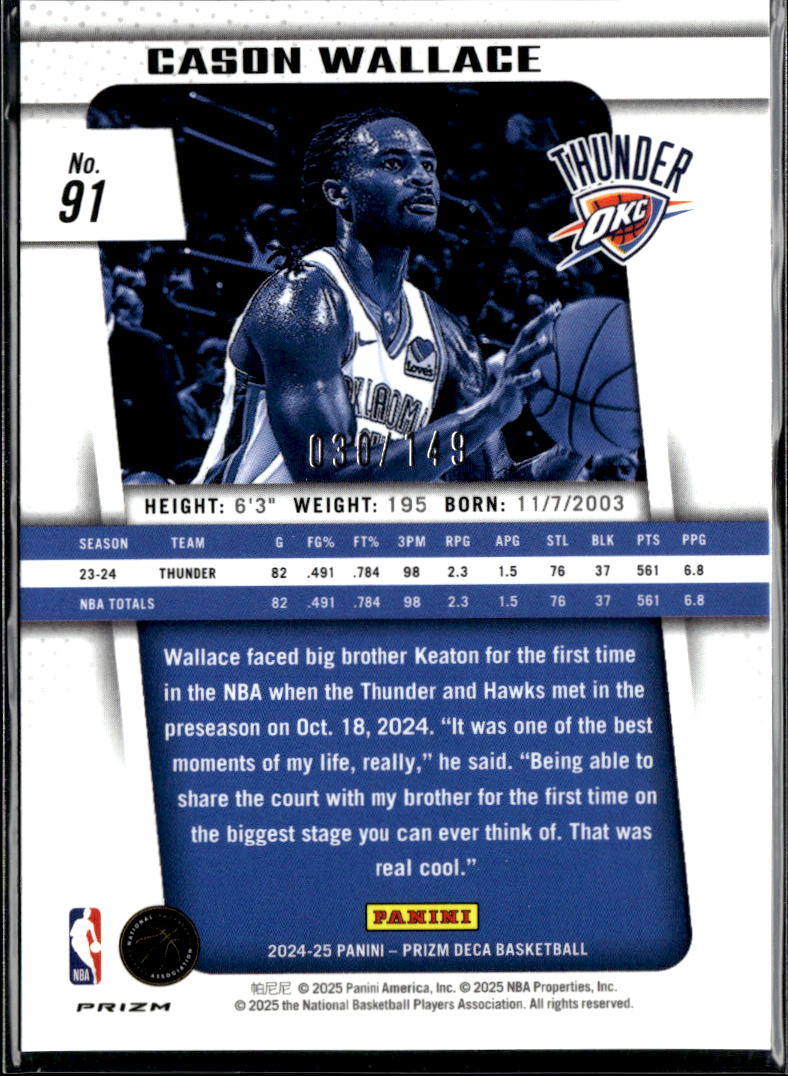 Cason Wallace 2024-25 Prizm Deca Blue 30/149 Oklahoma City Thunder