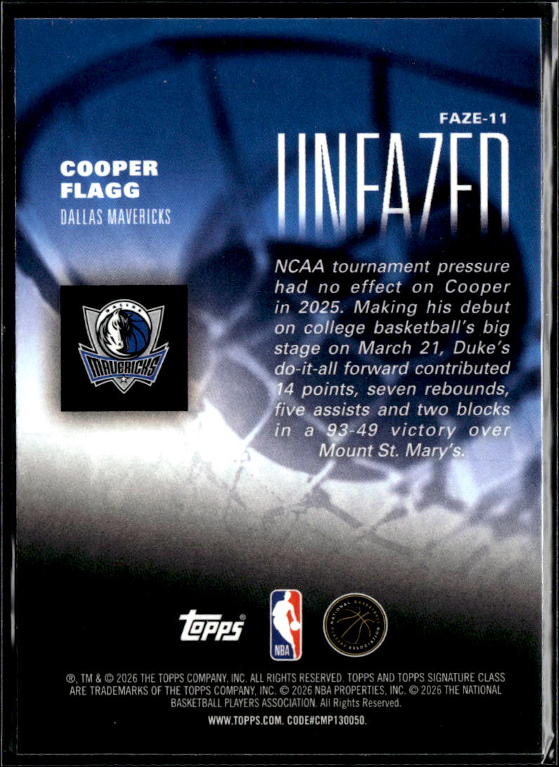 Cooper Flagg 2026 Topps Chrome Unfazed RC Rookie Dallas Mavericks