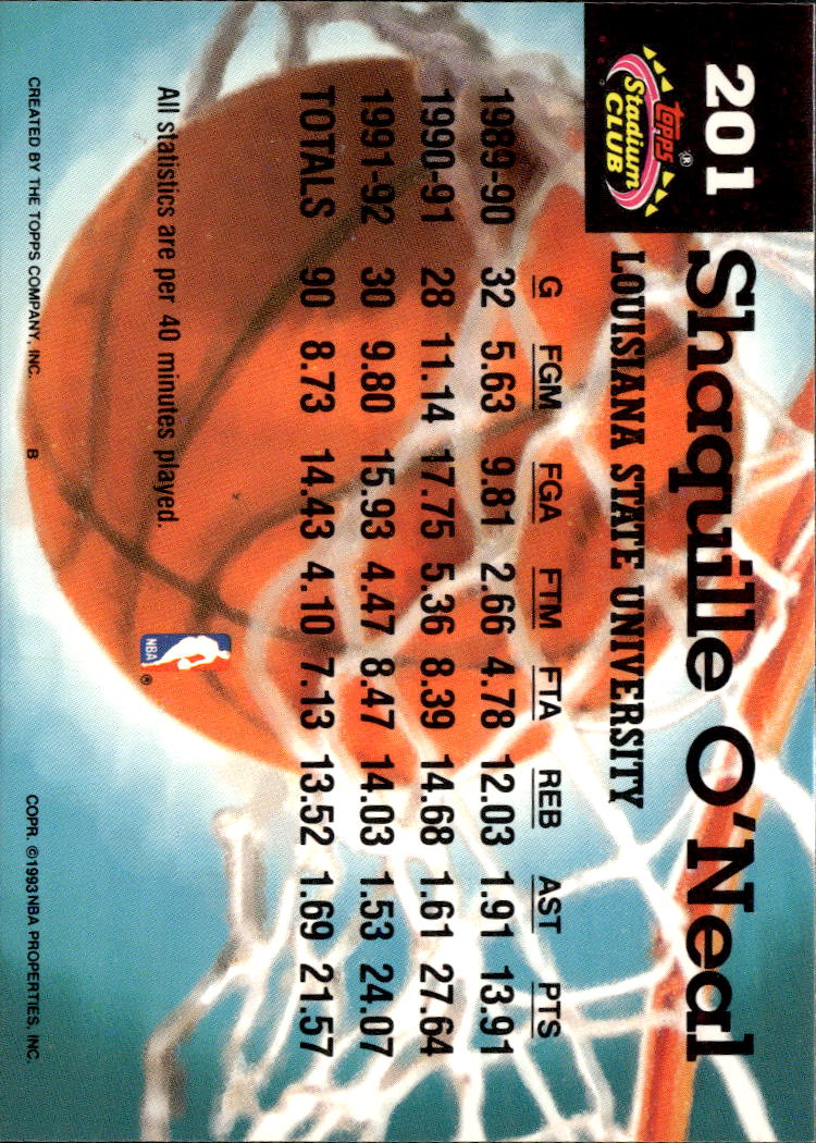 Shaquille O'Neal 1992-93 Topps Stadium Club Members Choice RC Orlando Magic