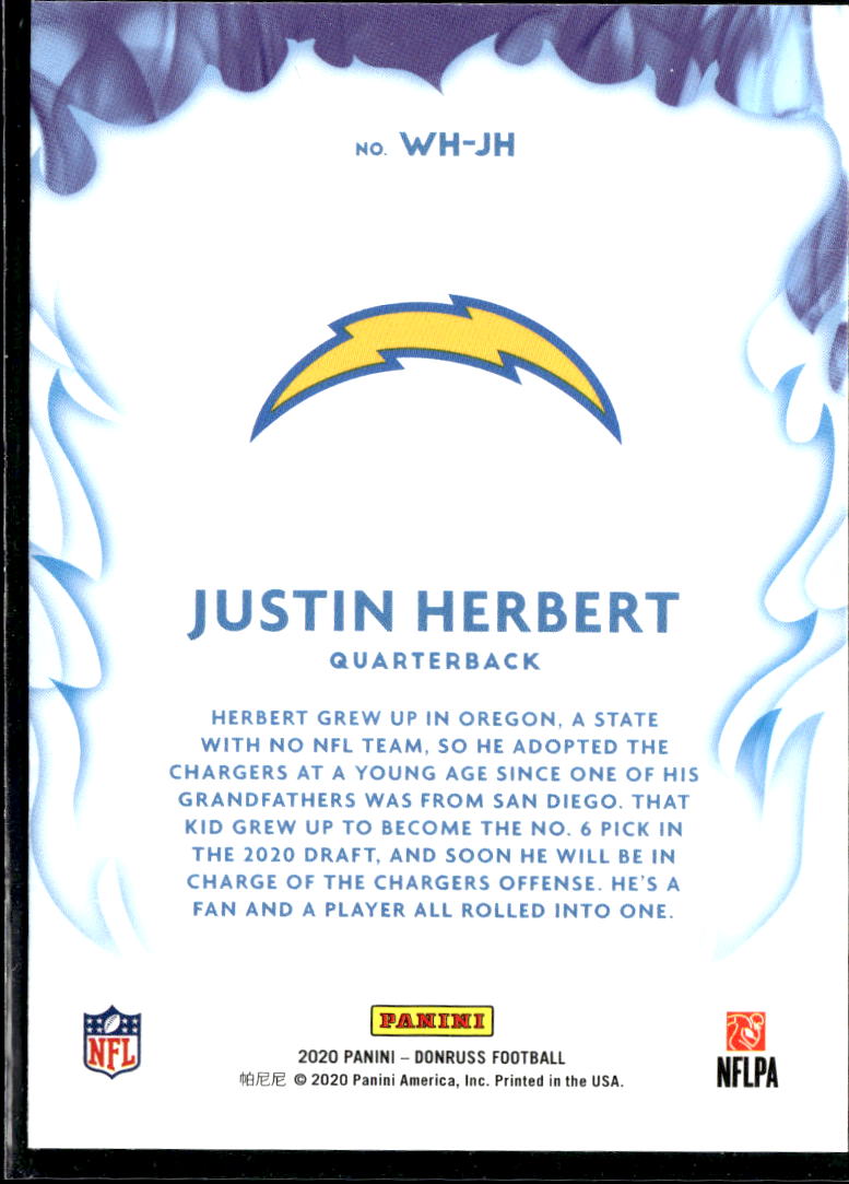 Justin Herbert 2020 Donruss White Hot Rookies RC Los Angeles Chargers
