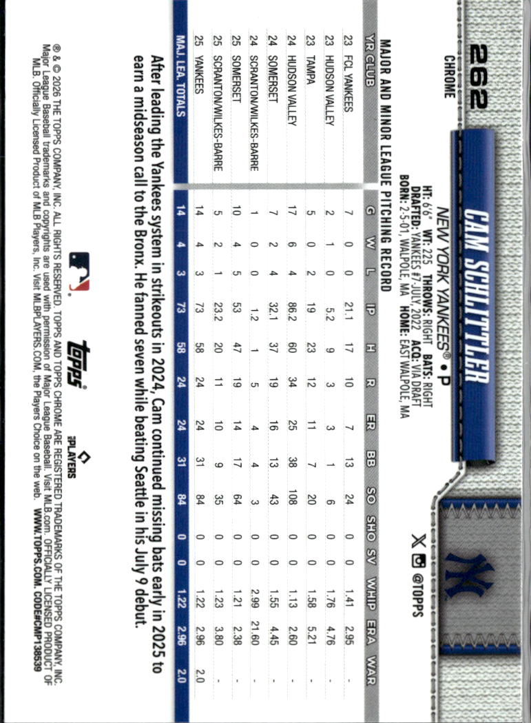 Cam Schlittler 2026 Topps Chrome RC X-Fractor New York Yankees