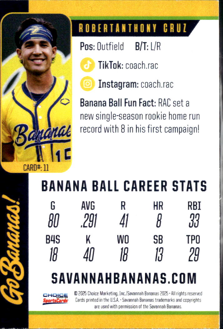 RobertAnthony Cruz 2025 Choice Savannah Bananas Savannah Bananas