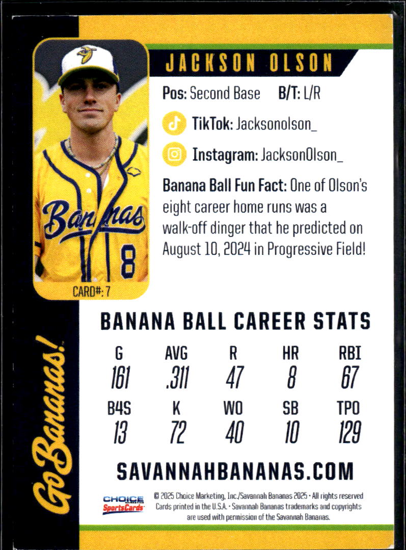Jackson Olson 2025 Choice Savannah Bananas Savannah Bananas