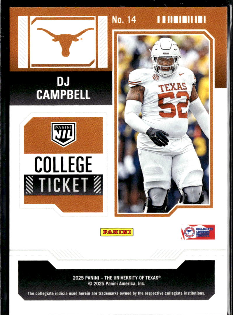 DJ Campbell 2025 Contenders College Ticket Panini Logo Texas Longhorns