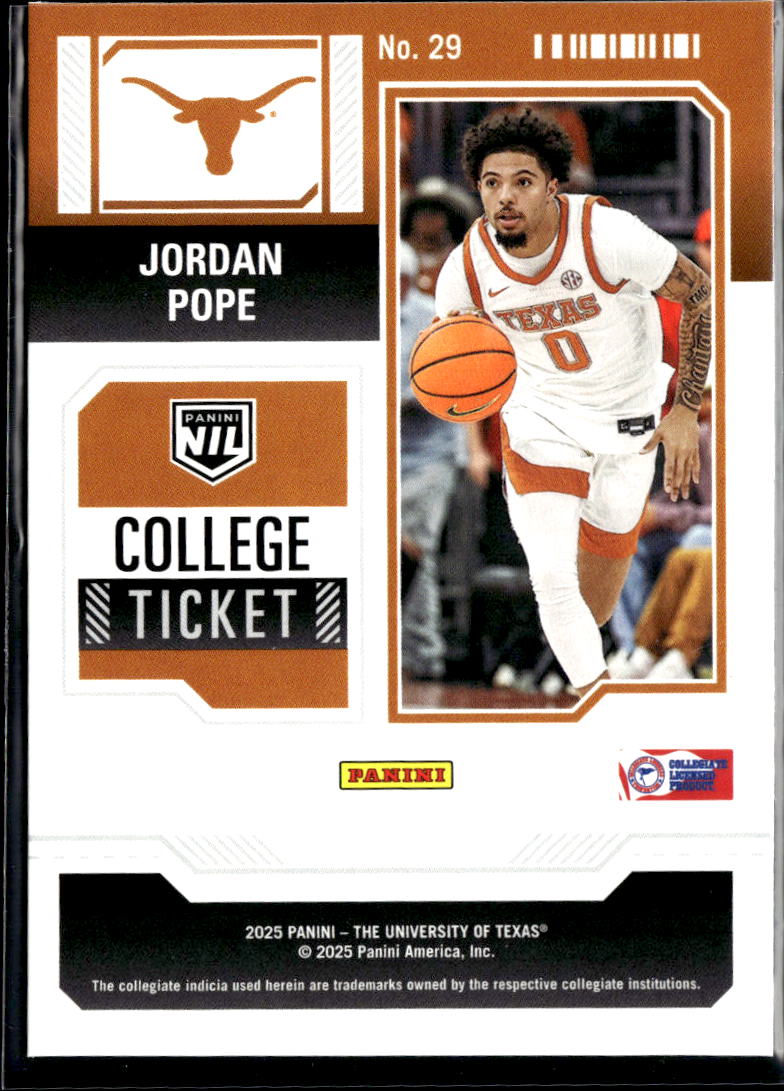 Jordan Pope 2025 Contenders College Ticket Panini Logo Texas Longhorns