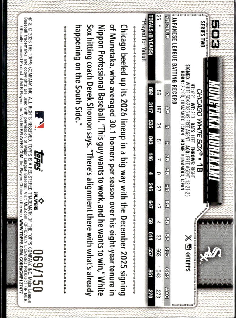 Munetaka Murakami 2026 Topps Series Two Blue Foil RC 69/150 Chicago White Sox