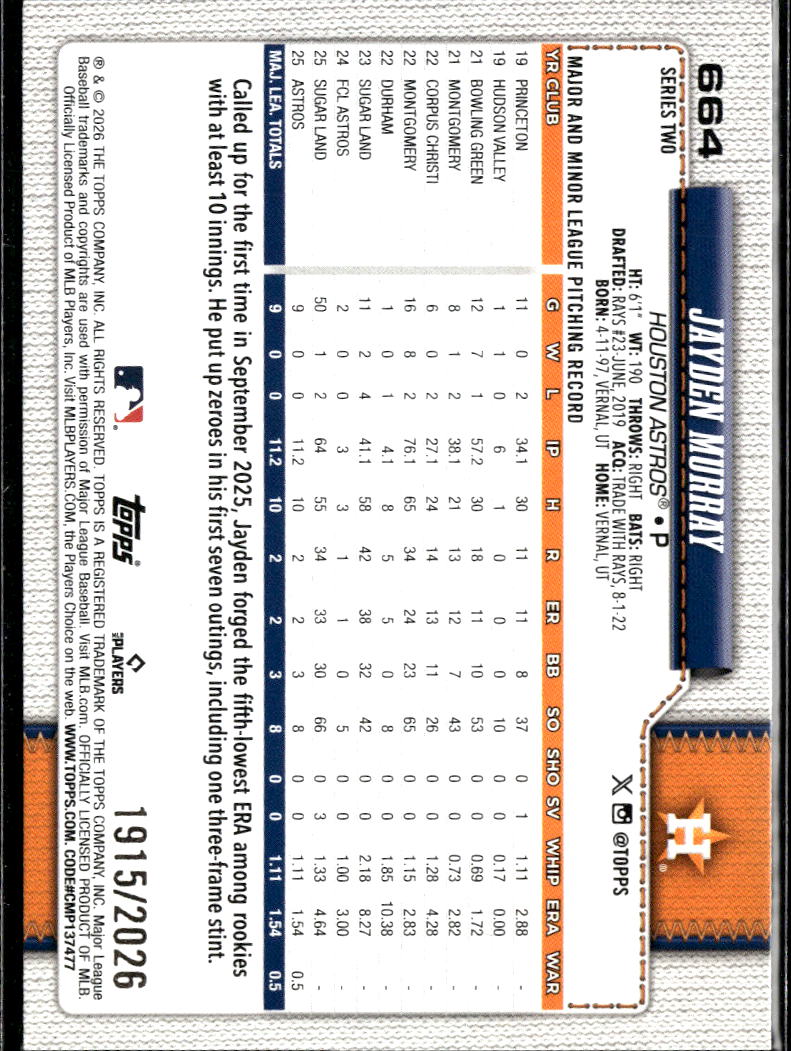 Jayden Murray 2026 Topps Series Two GOLD RC /2026 Houston Astros