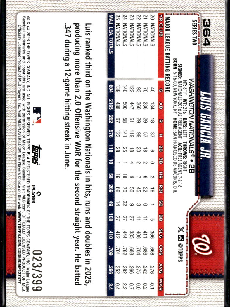 Luis García Jr. 2026 Topps Series Two Yellow 23/399 Washington Nationals