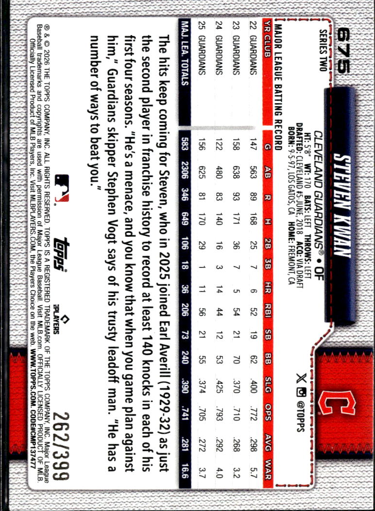 Steven Kwan 2026 Topps Series Two Yellow /399 Cleveland Guardians
