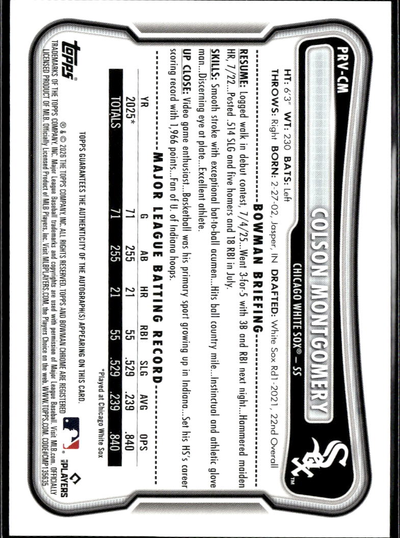 Colson Montgomery 2026 Bowman Auto Autograph Purple RC 67/250 Chicago White Sox